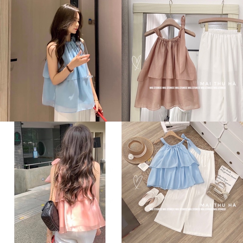 SET ÁO YẾM TƠ HAI LỚP KÈM QUẦN DÀI SUÔNG TRẮNG ĐŨI SAYQDT