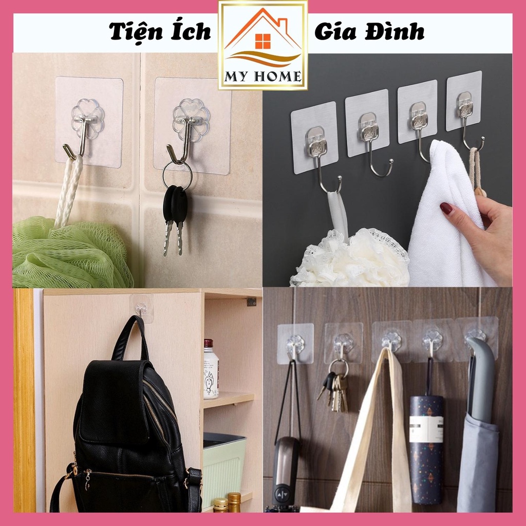 Móc dán tường trong suốt siêu dính, móc treo tường chịu lực tốt, kích thước 6x6cm
