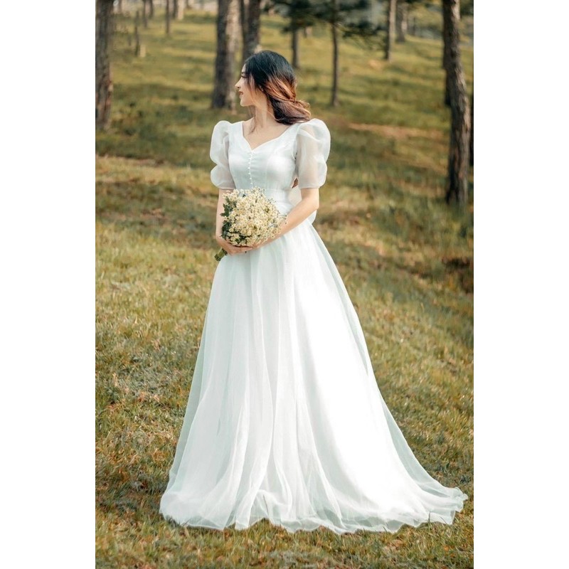 Đầm maxi xòe dự tiệc hay mặc cưới nhẹ nhàng tay ngắn phồng có nơ lưng TRIPBLE T DRESS - size M/L - MS316V