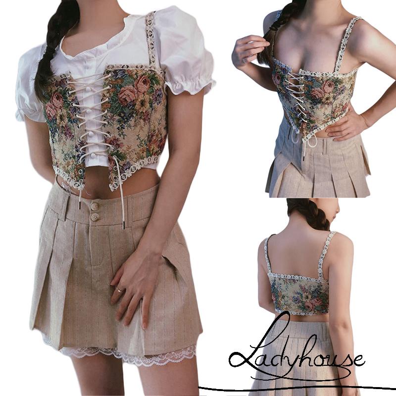 Áo croptop hai dây không tay họa tiết hoa phong cách retro cho nữ