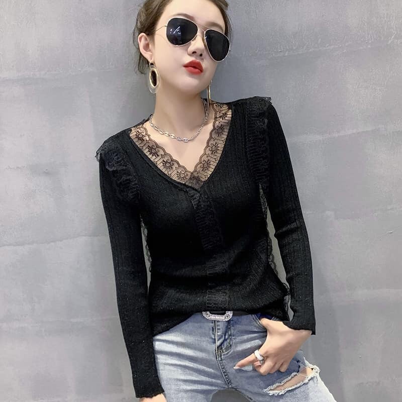 A27172 - Áo len phối ren nữ dài tay thu đông hàng nhập