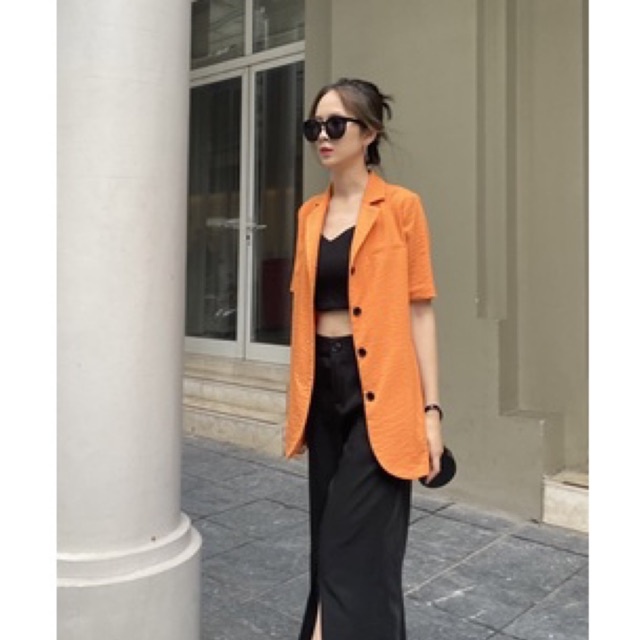 Áo khoác blazer nữ cộc tay dáng dài hàng thiết kế Huien Design form Hàn Quốc, đa màu sắc, 4 khuy dọc, vest nữ thanh lịch | BigBuy360 - bigbuy360.vn