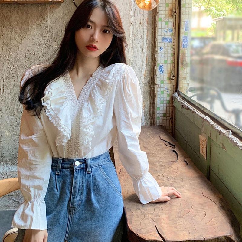 Áo Sơ Mi Tay Dài Phối Ren Xinh Xắn Thời Trang Dành Cho Nữ