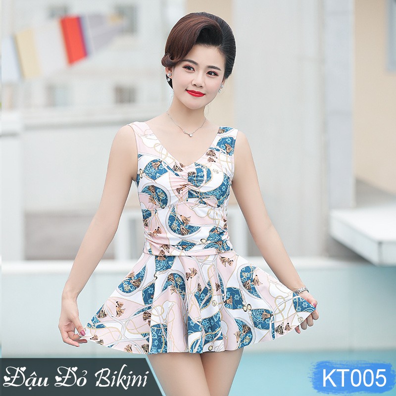 Bộ bơi trung niên dáng váy cộc tay, quần sooc đùi rời, màu sắc trang nhã phù hợp cho các mẹ &amp; các bà, chất đẹp | KT005