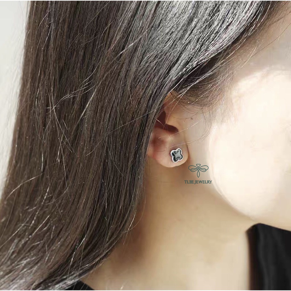 Khuyên tai bạc TLEE cỏ bốn lá đá đen cao cấp TleeJewelry B0195
