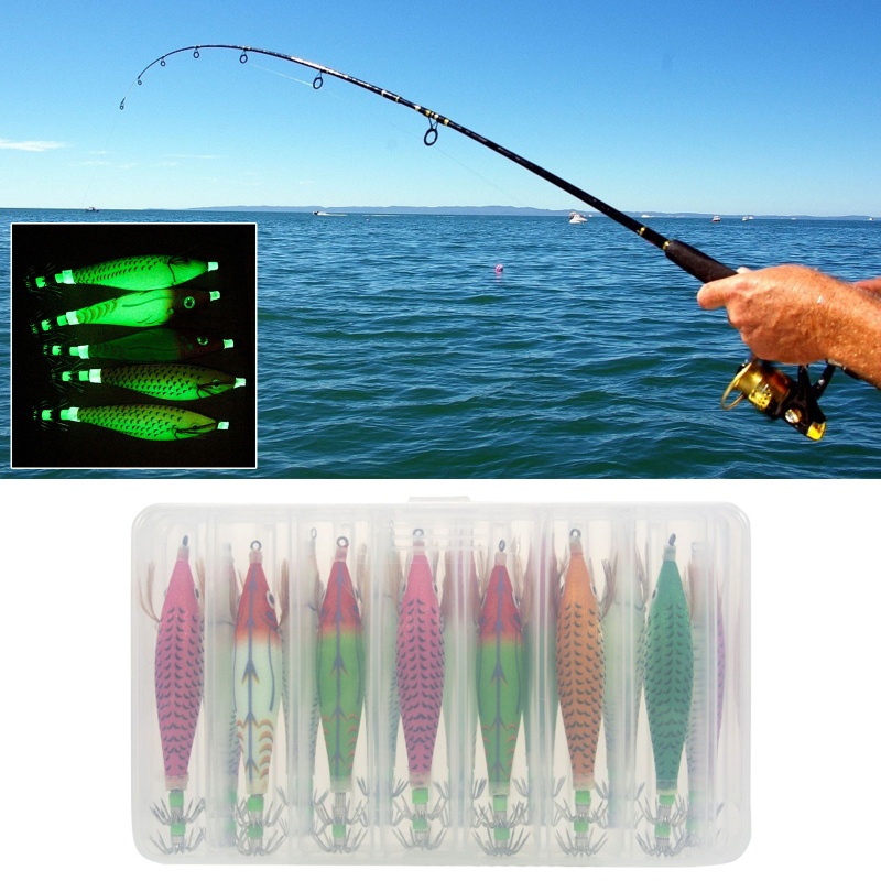 Bộ 14 Mồi Câu Cá Hình Mực Phát Sáng Tự Động