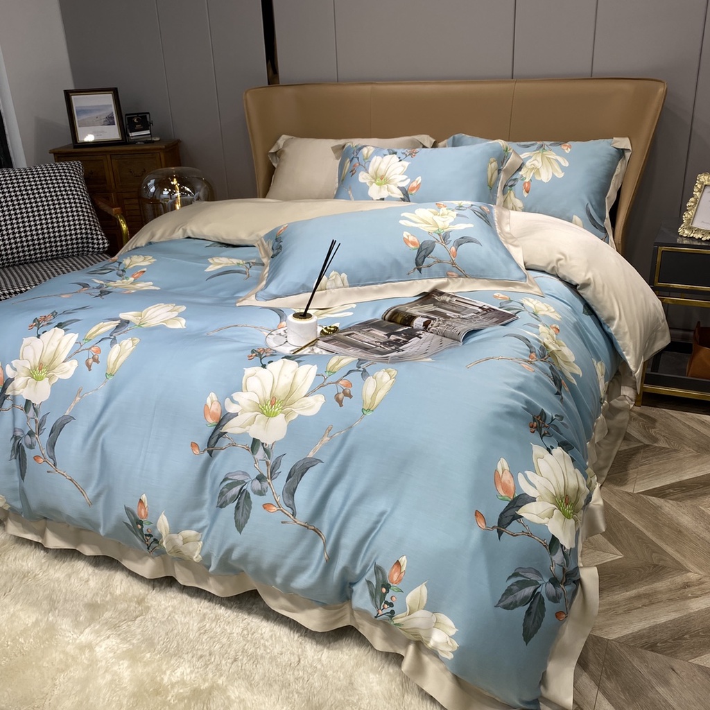 Bộ chăn ga gối cao cấp 100%Tencel 100s, họa tiết Hoa Nhài tây, biểu tượng cho cái đẹp, tình yêu, chất liệu siêu mềm mịn