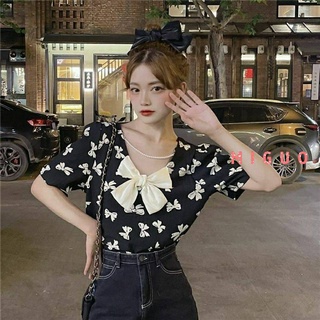 Áo sơ mi tay phồng cổ chữ v phối nơ phong cách hàn quốc