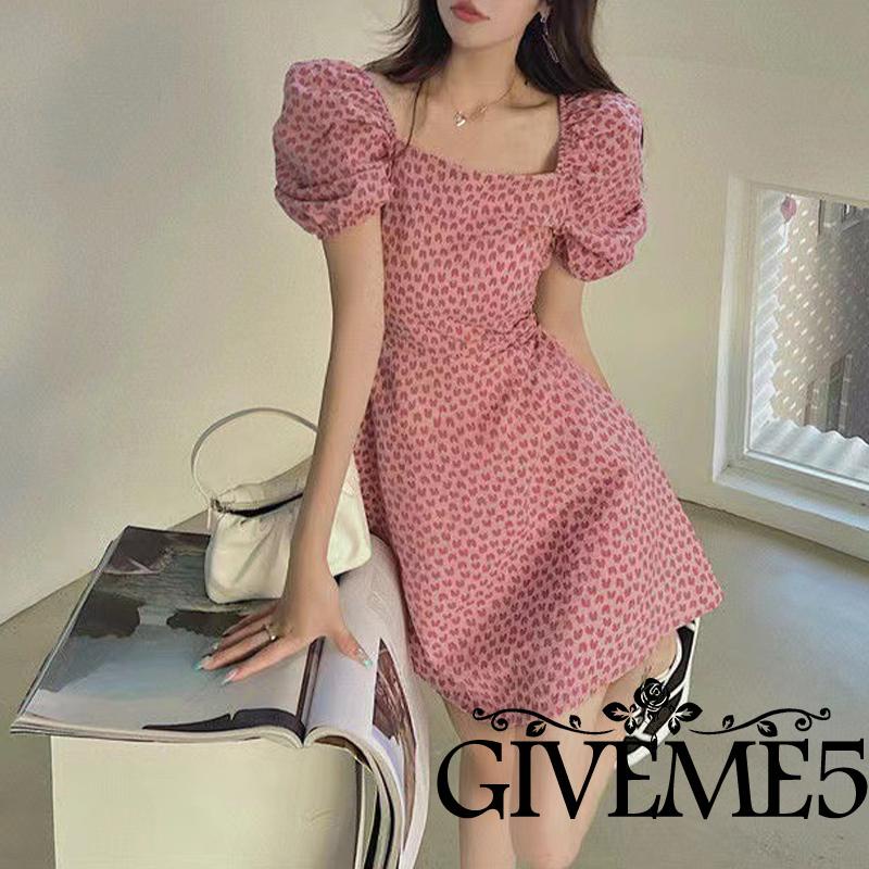 Đầm chữ A ngắn tay cổ vuông in hình thời trang sành điệu cho nữ