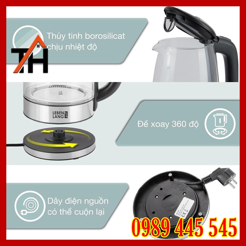 Ấm Đun Nước Siêu Tốc LEBENLANG Đức - Bình Thủy Tinh Dung Tích 1.8L - Hàng Chính Hãng Bảo Hành 2 Năm