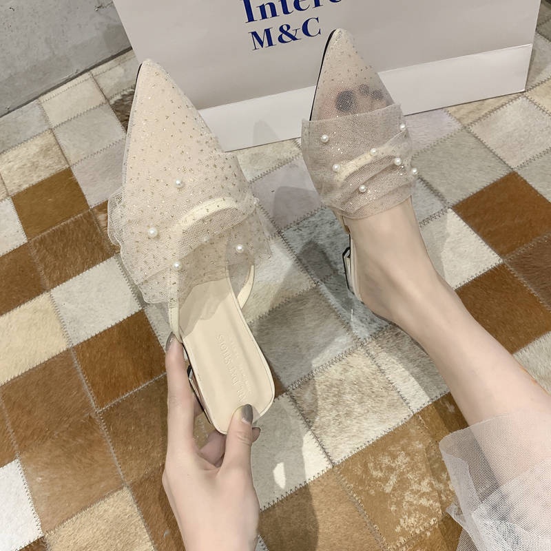 Giày Búp Bê Mũi Nhọn Đế Mềm Phối Ren Lưới Thời Trang Xuân Hè