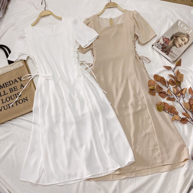 ĐẦM XOÈ ĐAN EO CỔ VUÔNG TAY NGẮN | BigBuy360 - bigbuy360.vn