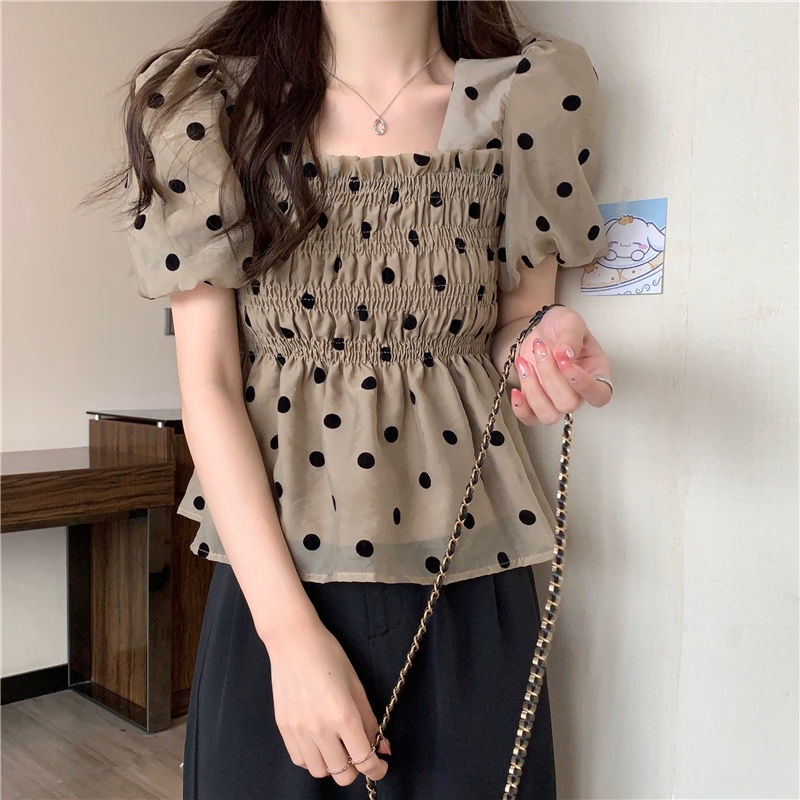 Áo Ngắn Tay Phồng Cổ Vuông Họa Tiết Chấm Bi Thời Trang Cho Nữ