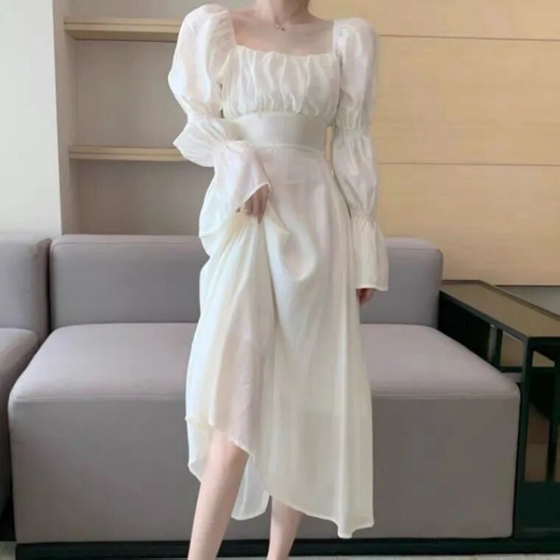 Đầm Tay Phồng Cột Dây Sau Lưng Phong Cách Pháp Thanh Lịch Dành Cho Nữ