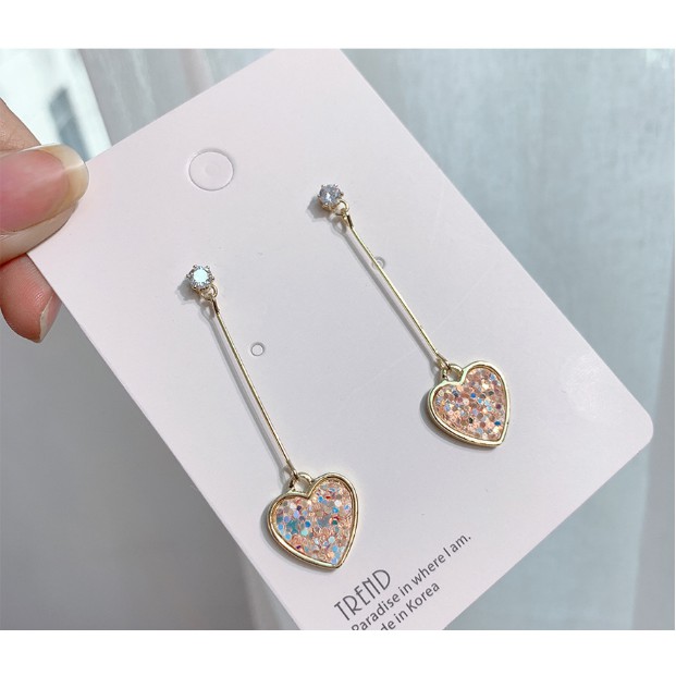 Bông tai Bạc 925 Phong Cách Hàn Quốc - HOA TAI SỢI TRÁI TIM HỒNG NHẠT ( Cao Cấp )- ẢNH CHỤP THẬT
