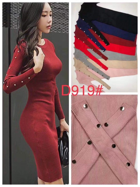 Đầm (váy) len tăm body phối cúc 2 bên tay