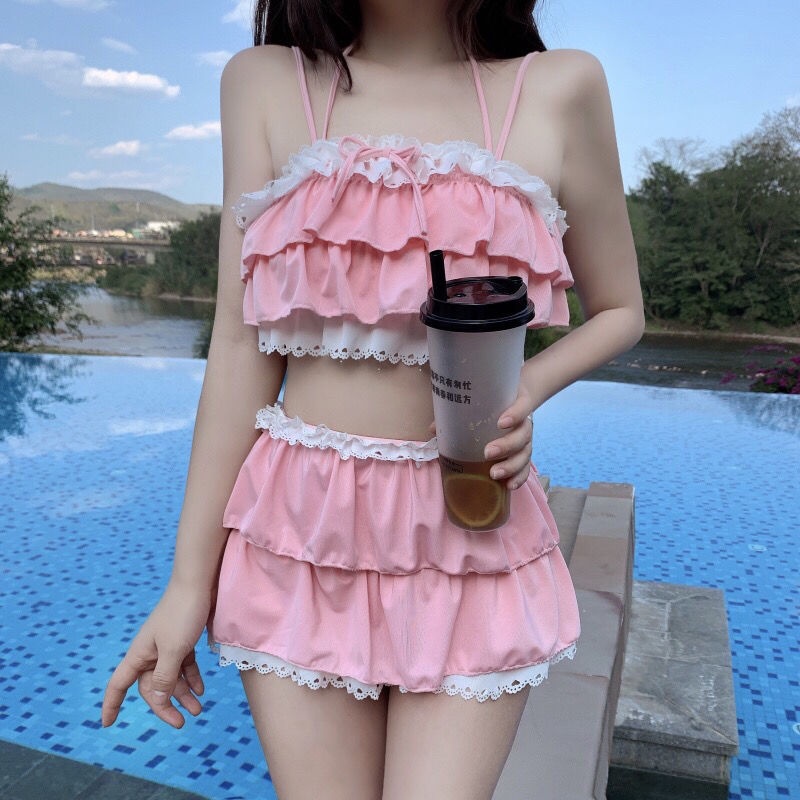 Bộ Đồ Bơi Phối Ren Mềm Mại Phong Cách Nhật Bản Ngọt Ngào Thời Trang Mùa Hè Cho Nữ