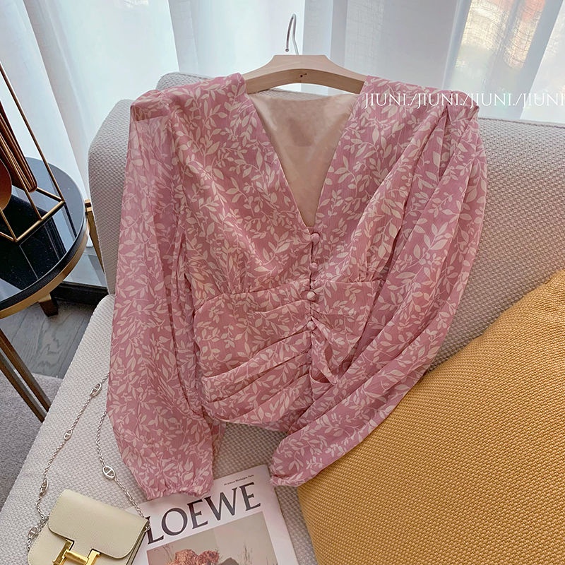 Áo Sơ Mi Chiffon Cổ Chữ V In Họa Tiết Hoa Màu Hồng Phong Cách Thời Trang Mùa Hè Mới Dành Cho Nữ