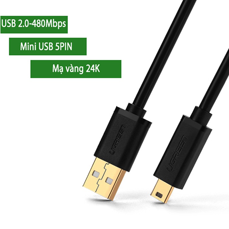 Cáp chuyển USB sang Mini USB, chuyển dữ liệu từ Máy ảnh, Máy nghe nhạc vào Laptop/PC 3 mét UGREEN 10386 | BigBuy360 - bigbuy360.vn