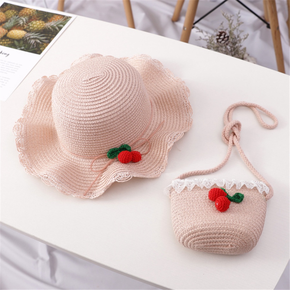 Túi/ mũ cói rộng vành đính quả cherry dễ thương thời trang cho bé gái