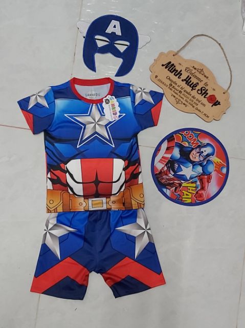 Bộ quần áo thời trang trẻ em đội trưởng Mỹ Captain America kèm tặng khiên và mặt nạ - Hàng SamKids