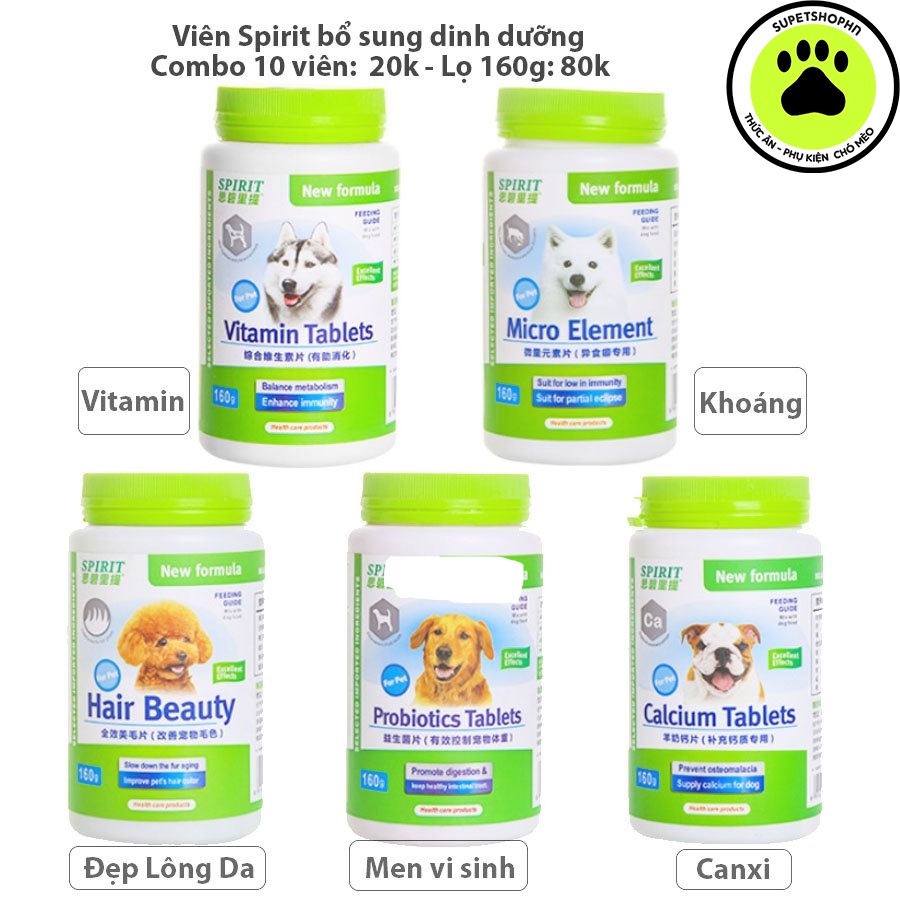 Viên SPIRIT bổ sung dinh dưỡng cho chó Canxi / đẹp lông da / Vitamin Tiêu Hóa Cơ Xương Khớp [Hộp 160g]