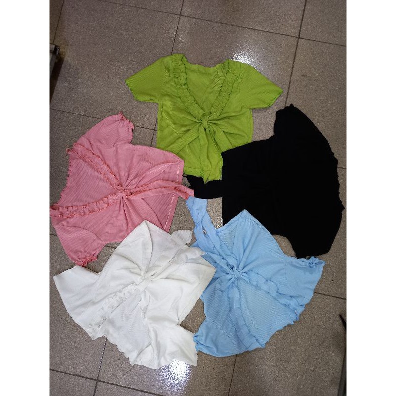 ÁO Croptop LEN GÂN CỘT NƠ CỔ