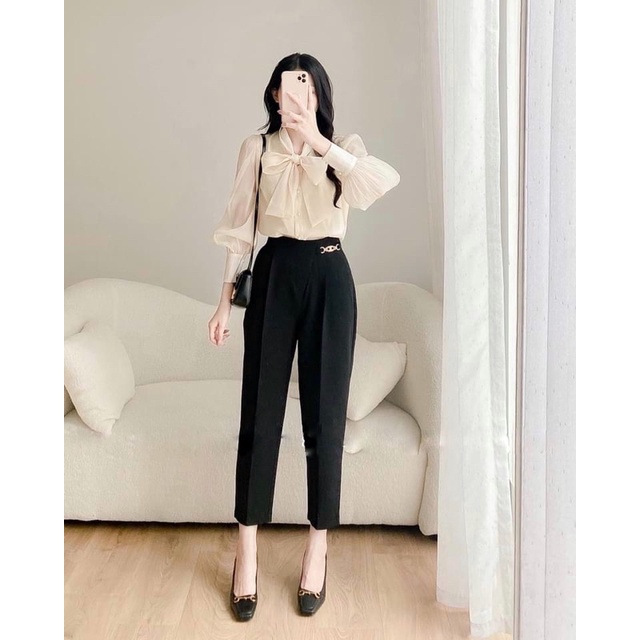 Sơ mi dài tay cổ nơ phong cách Hàn Quốc sơ mi mặc đi làm đi chơi mặc trong vest A11