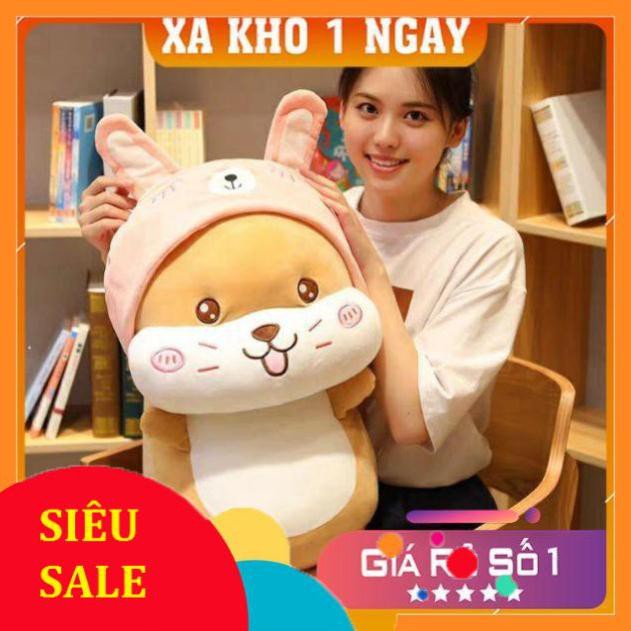 Gấu bông gối ôm chuột hamster mũ hồng vải co dãn 4 chiều Hàn Quốc VNXK