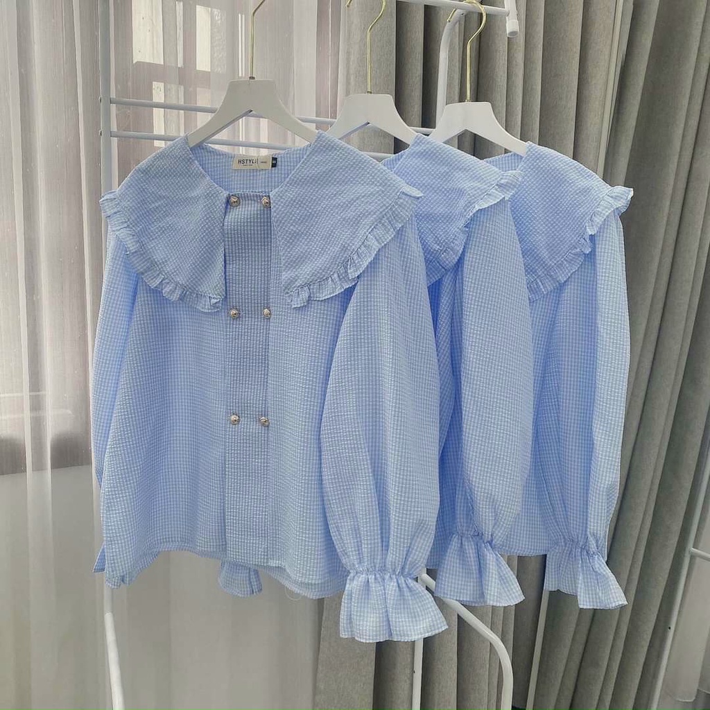 Áo sơ mi cổ viền bèo khuy ngọc 2 màu hot