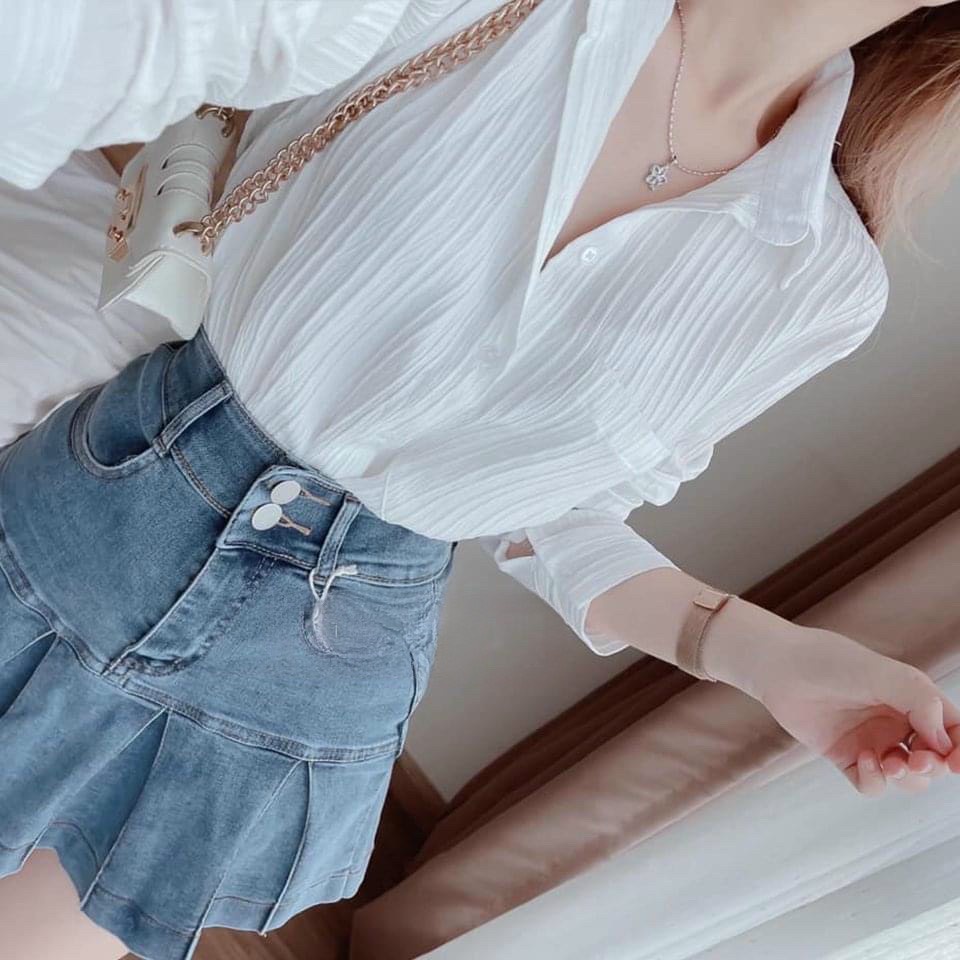 A043 Áo sơ mi nữ trơn basic vải đũi gân Áo somi dài tay công sở form rộng phong cách Hàn Quốc đi chơi du lịch đi học