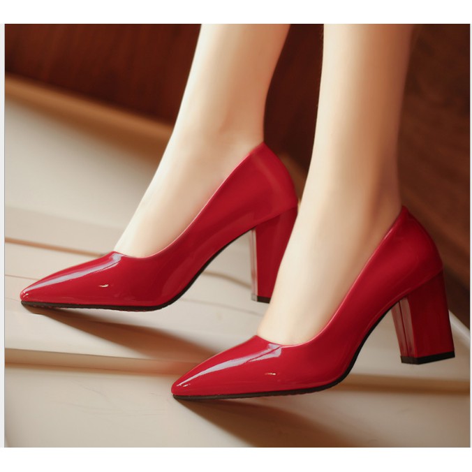 Giày Cao Gót Vuông Công Sở Da Bóng Gót Vuông Cao 5 Phân