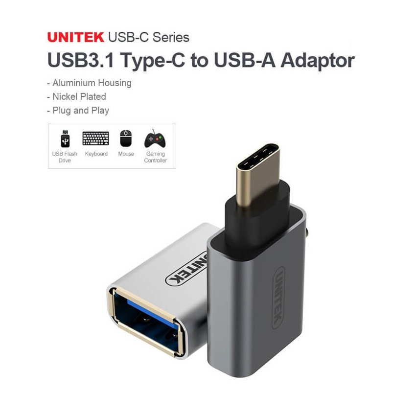 Đầu chuyển OTG từ USB 3.1 sang typeC 3.1 Unitek Y-A025CGY hỗ trợ Windows/Mac OS/Android (xám)
