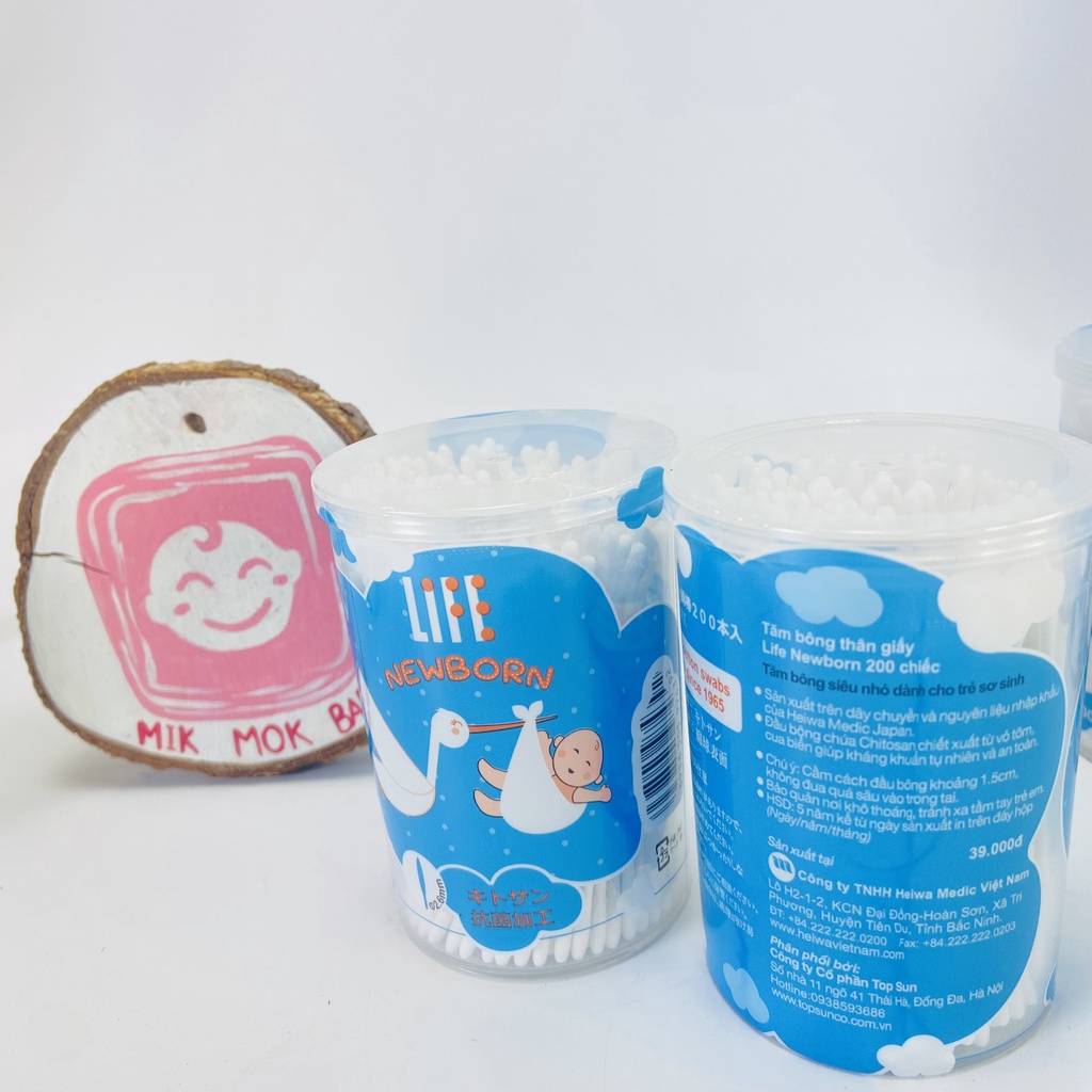 Tăm bông sơ sinh Life Newborn, tăm bông kháng khuẩn đầu tăm siêu nhỏ, thân giấy an toàn cho bé hộp 200 que