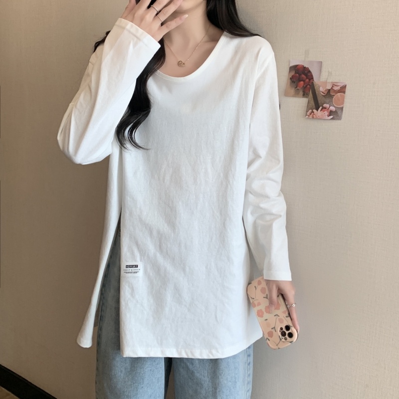 ZHELIHANGFEI Áo Thun Tay Dài Dáng Rộng Xẻ Tà Dễ Phối Đồ Thời Trang