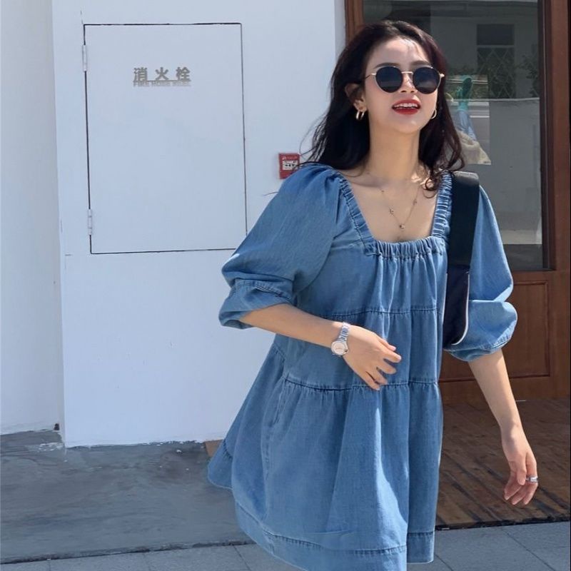 Đầm denim Cổ Vuông Tay Phồng Phong Cách Hàn Quốc Thời Trang Cho Nữ