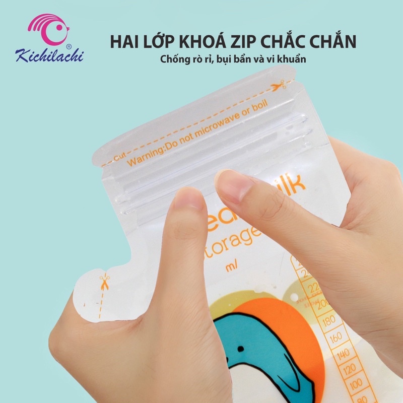 Hộp 50 Túi trữ sữa CẢM BIẾN NHIỆT Kichilachi 250ml dạng mỏ vịt, có vòi rót tiện dụng cho bé