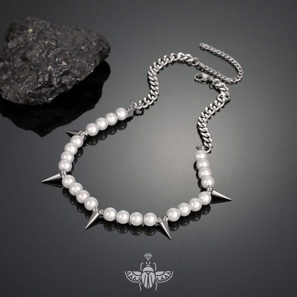 Vòng cổ Thép Titan Đính Hạt Ngọc Trai Phản Quang Phong Cách Hip hop Âu Mỹ 100 Phù Hợp Cho Nam Và Nữ