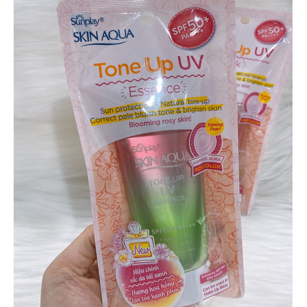 Tinh chất chống nắng nâng tông dành cho da khô/thường Sunplay Skin Aqua Tone Up UV Essence Happiness Aura (Rose)50g