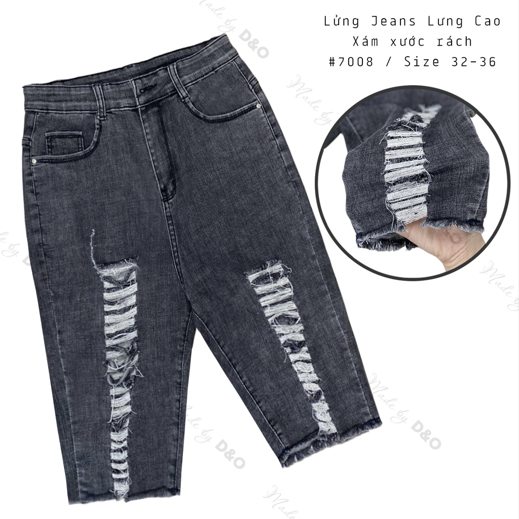 Quần Lửng Ngố Jeans Bigsize, Xám Xước Rách 2 Đùi 7008, Lưng Cao Trên Rốn, Co Giãn Mạnh [Size 32-36]