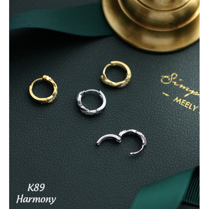 Khuyên tai tròn nữ bạc xoắn đá 2 màu cá tính, xinh xắn, phong cách Hàn Quốc | HARMONY ACCESSORIES K89