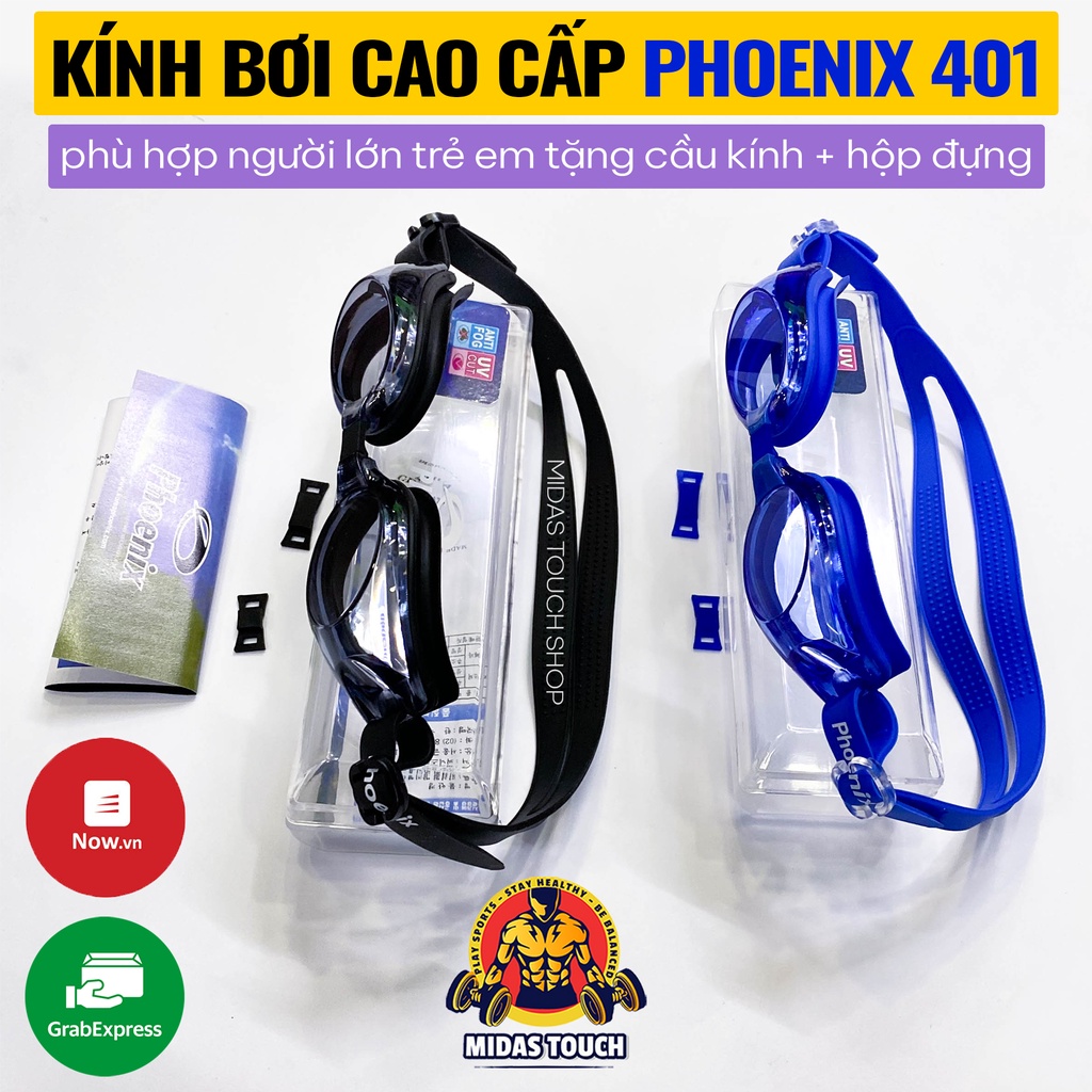 Kính Bơi Phoenix 401 Cao Cấp Người Lớn Trẻ Em Trên 12 tuổi - Tặng hộp đựng, dây đeo co dãn tốt êm ái Chống Nước Hiệu Quả