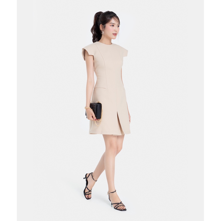 Đầm nữ trơn mini HNOSS tay ngắn vuông phối túi HNDLU020