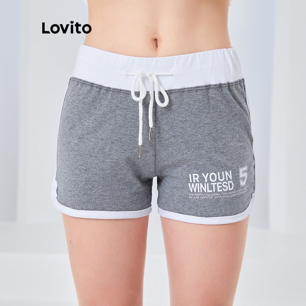 Quần ngắn thể thao Lovito L04093 lưng vừa dáng ôm in chữ phối dây rút màu xanh thời trang