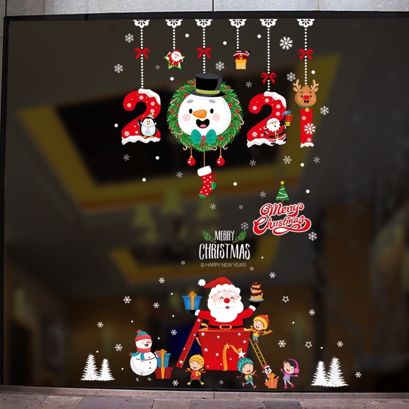 COMBO Decal trang trí Noel - 2021 phối hộp quà đỏ noel ( 2 tấm )