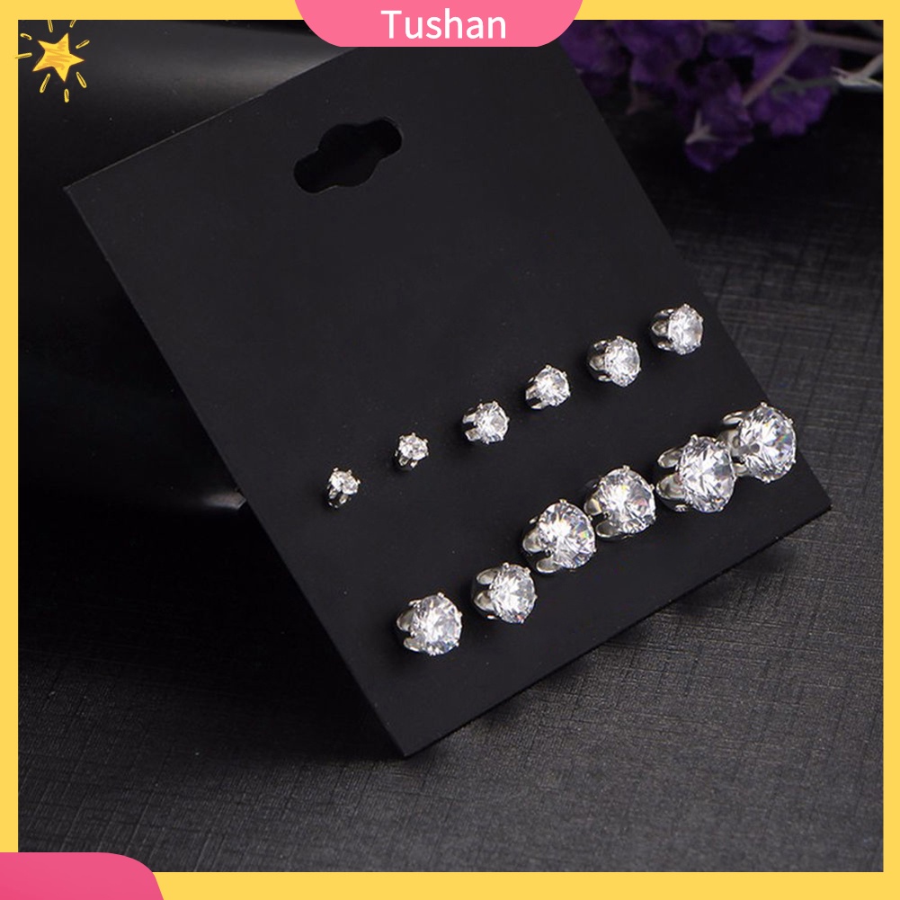 Set 6 đôi khuyên tai dạng nụ đính đá cubic zirconia hình tròn thời trang sang trọng cho nữ