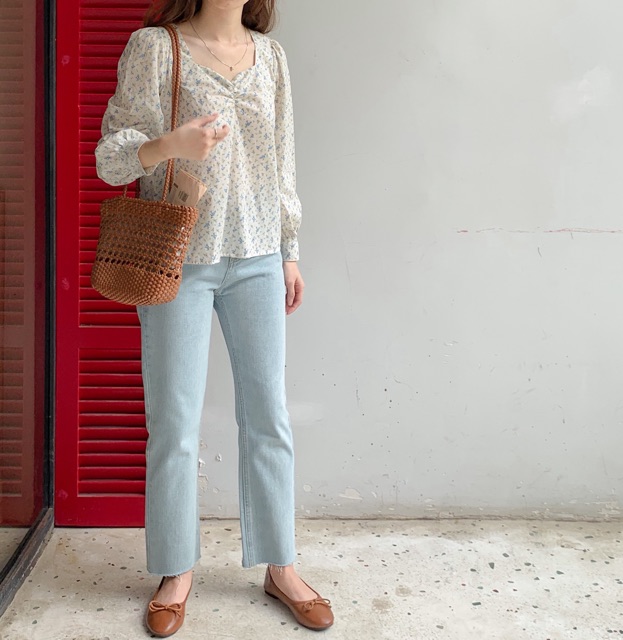 Áo sơmi cổ nhún dây nơ