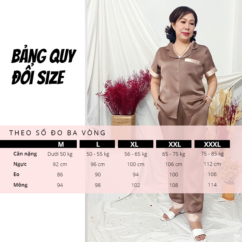 Bộ mặc nhà trung niên SBORG pijama nữ lụa hongkong cao cấp cổ chui tay lửng có túi bigsize từ 50-85kg quà tặng mẹ