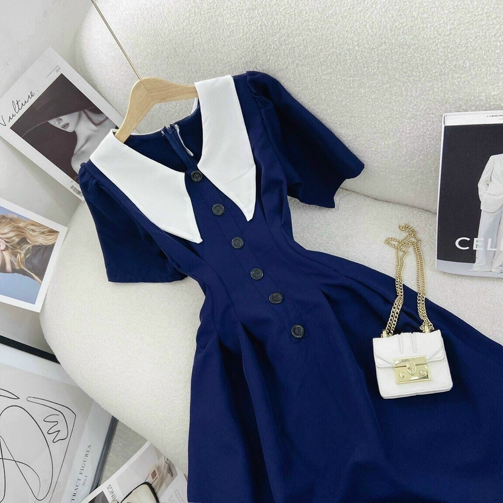 Đầm váy nữ lụa ôm eo cài nút giả phối cổ nhọn bèo xinh dáng thân tôn dáng trẻ trung sang trọng thanh lịch siêu xinh