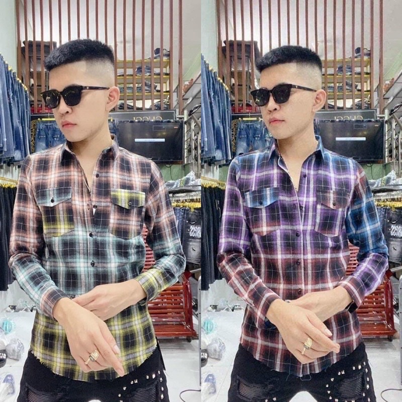 Áo sơ mi nam bbr loang màu dài tay rách gấu , chất liệu cotton không phai màu không xù lông
